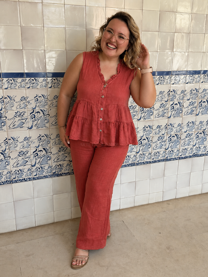 Blusa de linho telha com folhinhos