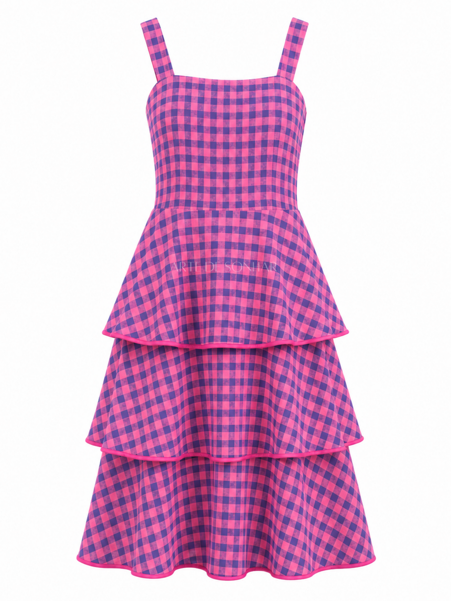 Vestido com folhos rosa e azul
