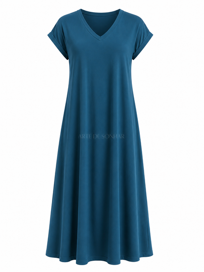 Vestido de malha fria azul petróleo