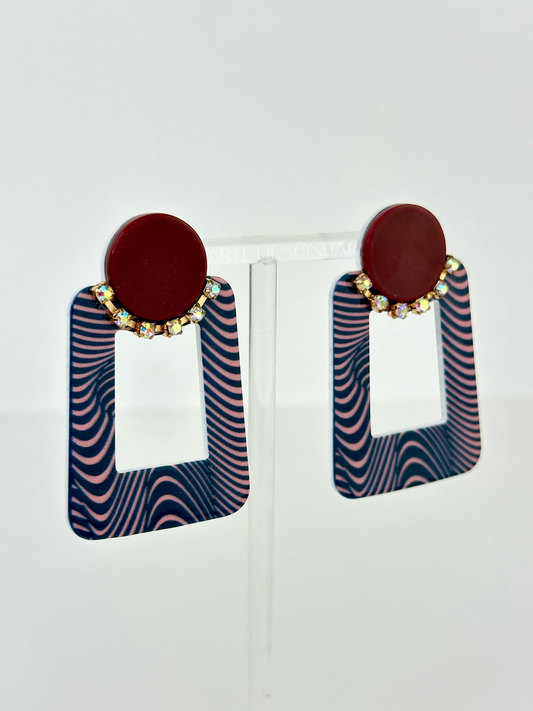 Brincos zebra azul e rosa com cristais brilhantes