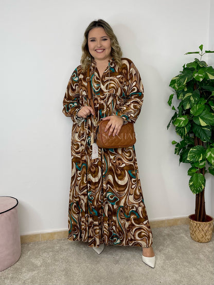 Vestido castanho com cornucópias