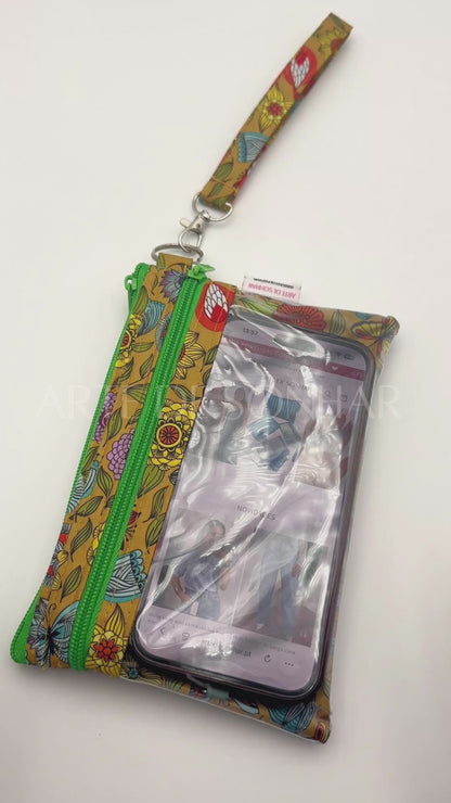 Bolsa de telemóvel de mão dupla amarela com borboletas e flores com fechos verdes tamanho M