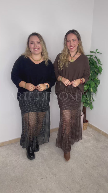 Saia de tule castanha com bolinhas