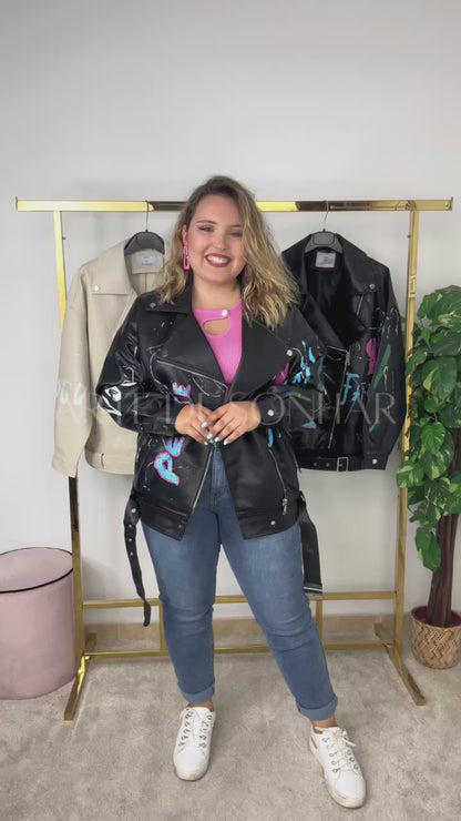Casaco de napa oversize com pinturas