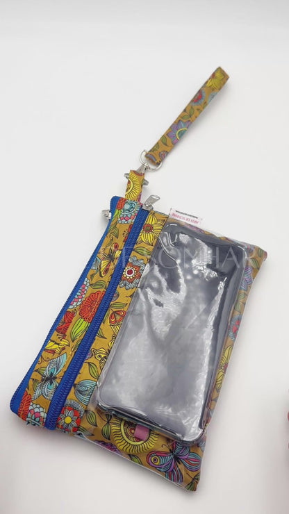 Bolsa de telemóvel de mão dupla amarela com borboletas e flores com fechos azuis tamanho M