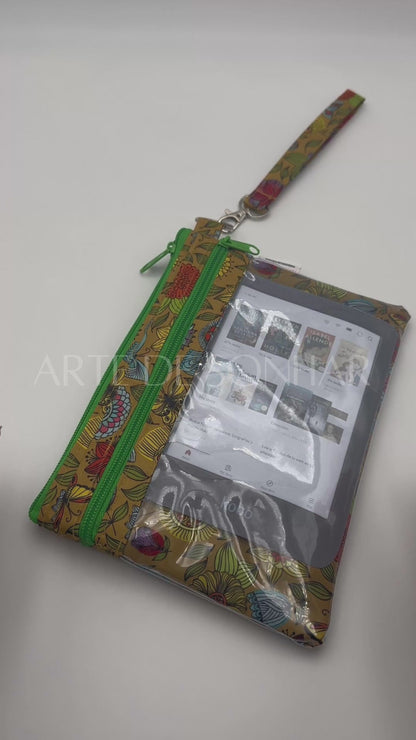 Bolsa de telemóvel/kobo de mão dupla amarela com borboletas e flores com fechos verdes tamanho L