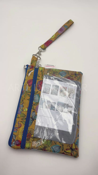 Bolsa de telemóvel/kobo de mão dupla amarela com borboletas e flores com fechos azuis tamanho L
