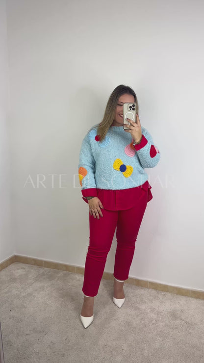 Camisola azul dos laços coloridos